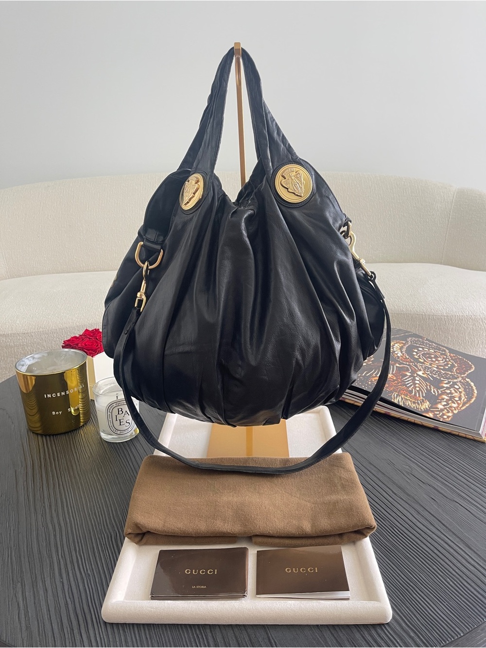 Gucci Hysteria Large Hobo Bag Black Leather Floral Embroidered Vintage $4500 - Picture 3 of 17